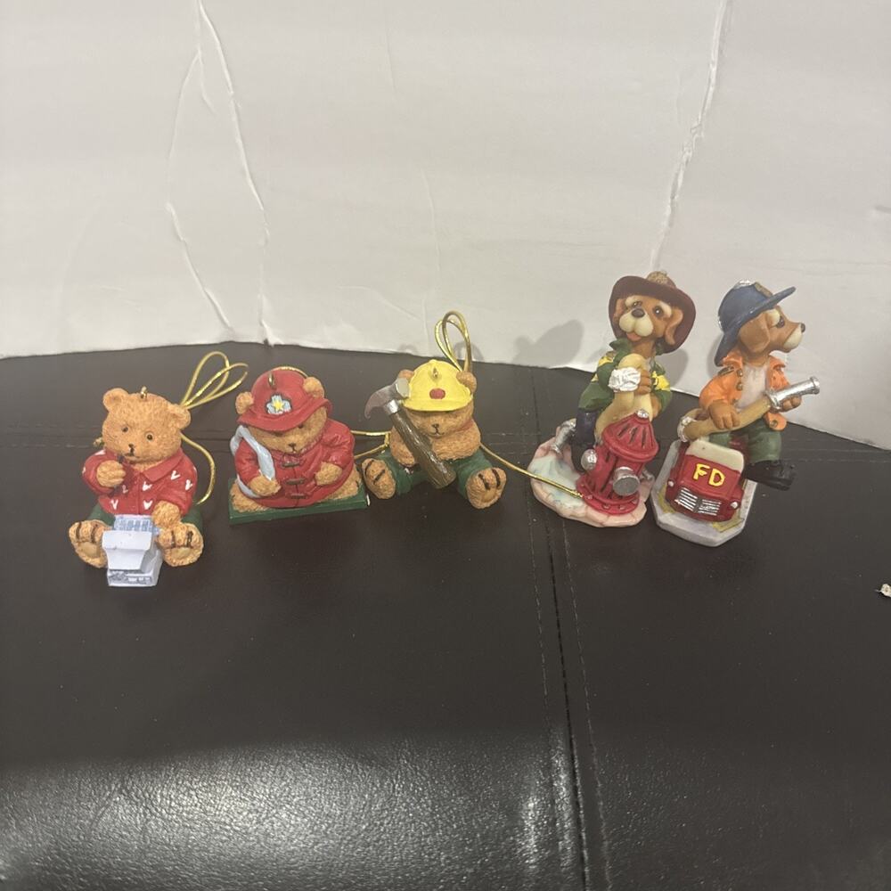Lot of 5 Teddy Bear & Dog Figurines Firefighter Construction Christmas Decor